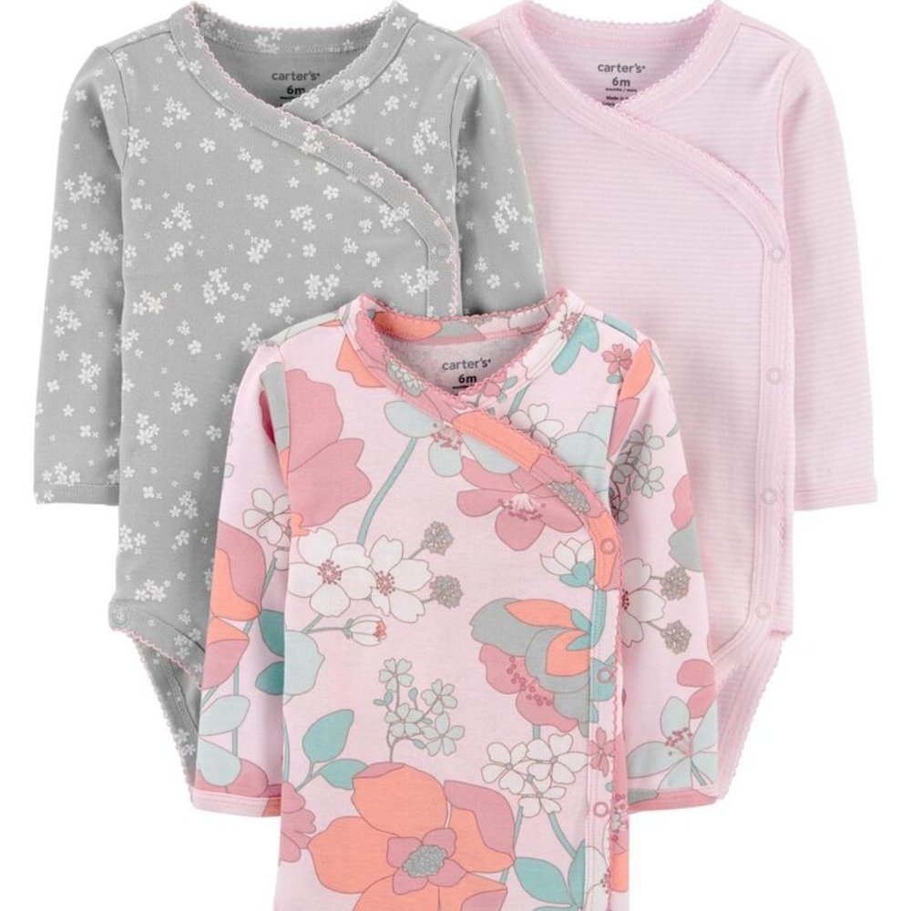 NWT! Carter's Blue/Heather 3-Pack‎ Floral Side-Snap Bodysuits 3 M